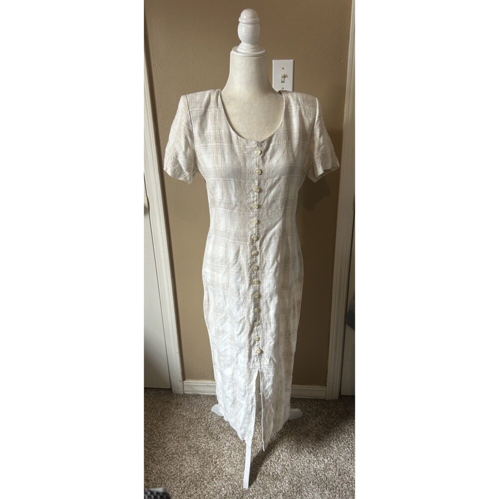 90s Gingham Plaid Button Front Midi Shift Dress Cream Beige Sz 9 Junior Prairie